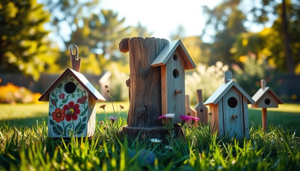 A charming backyard scene featuring a variety of unique birdhouse designs arranged around a rustic wooden post, showcasing DIY ideas for garden wildlife. The foreground highlights a colorful, hand-painted birdhouse with intricate floral patterns, and a more minimalist, modern wooden birdhouse. In the middle, a sturdy wooden post supports these creations, surrounded by vibrant green grass and wildflowers. The background features a soft-focus blend of lush trees and a bright blue sky, illuminated by soft, natural sunlight creating a warm, inviting atmosphere. The image captures the essence of creativity and nature, emphasizing DIY birdhouse materials in a picturesque outdoor setting.