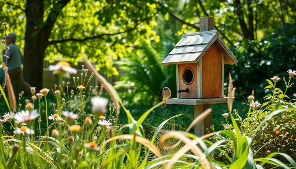 A charming garden bird house nestled among vibrant green foliage, designed with rustic wooden textures and a sloped roof. In the foreground, wildflowers and soft grasses sway gently in the breeze, inviting birds to explore this cozy abode. The middle ground features the bird house mounted on a sturdy post, surrounded by various plants, creating a natural and inviting habitat for local wildlife. In the background, dappled sunlight filters through trees, casting gentle shadows that provide a serene atmosphere. The image should evoke a sense of tranquility and harmony with nature, captured in bright, natural light for a warm, welcoming feel. Use a wide-angle lens perspective to emphasize depth and clarity, showcasing the bird house as the focal point of this idyllic backyard scene.
