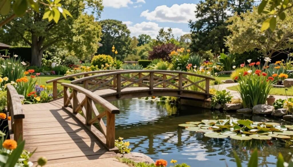 A charming garden bridge gracefully arches over a serene pond, surrounded by lush greenery and vibrant flowers. In the foreground, the bridge features rustic wooden planks with elegant railings, inviting viewers to appreciate its craftsmanship. The middle ground showcases gently rippled water reflecting the bright blue sky and delicate cloud formations, while lily pads float peacefully on the surface. In the background, tall trees create a harmonious frame, casting soft dappled sunlight onto the scene. The atmosphere is tranquil and inviting, capturing the essence of a peaceful outdoor retreat. The image is illuminated by warm, natural light, enhancing the vivid colors and textures, creating an overall feeling of serenity and beauty in a backyard paradise.