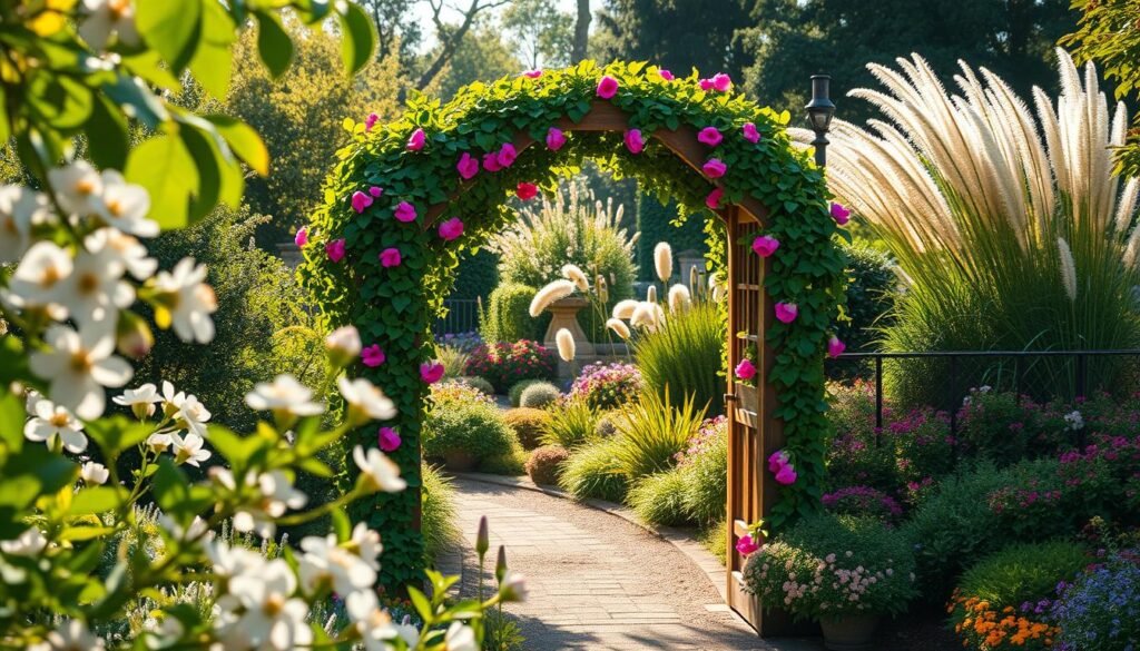 A charming garden folly, featuring a beautifully crafted wooden archway draped with vibrant climbing flowers, stands proudly at the entrance of a lush garden. In the foreground, delicate blossoms and lush greenery interact with the soft sunlight filtering through the leaves. The middle ground showcases the archway's intricate design, adorned with ivy and flowering vines that create a sense of whimsy and elegance. The background is filled with a variety of plants, including ornamental grasses and colorful perennials, bathed in warm natural light. The entire scene emanates a serene and inviting atmosphere, enhanced by a shallow depth of field to focus attention on the arch while gently blurring the garden's vibrant details. The composition captures the essence of a personalized garden space ideal for an entry feature. A charming garden folly, featuring a beautifully crafted wooden archway draped with vibrant climbing flowers, stands proudly at the entrance of a lush garden. In the foreground, delicate blossoms and lush greenery interact with the soft sunlight filtering through the leaves. The middle ground showcases the archway's intricate design, adorned with ivy and flowering vines that create a sense of whimsy and elegance. The background is filled with a variety of plants, including ornamental grasses and colorful perennials, bathed in warm natural light. The entire scene emanates a serene and inviting atmosphere, enhanced by a shallow depth of field to focus attention on the arch while gently blurring the garden's vibrant details. The composition captures the essence of a personalized garden space ideal for an entry feature.