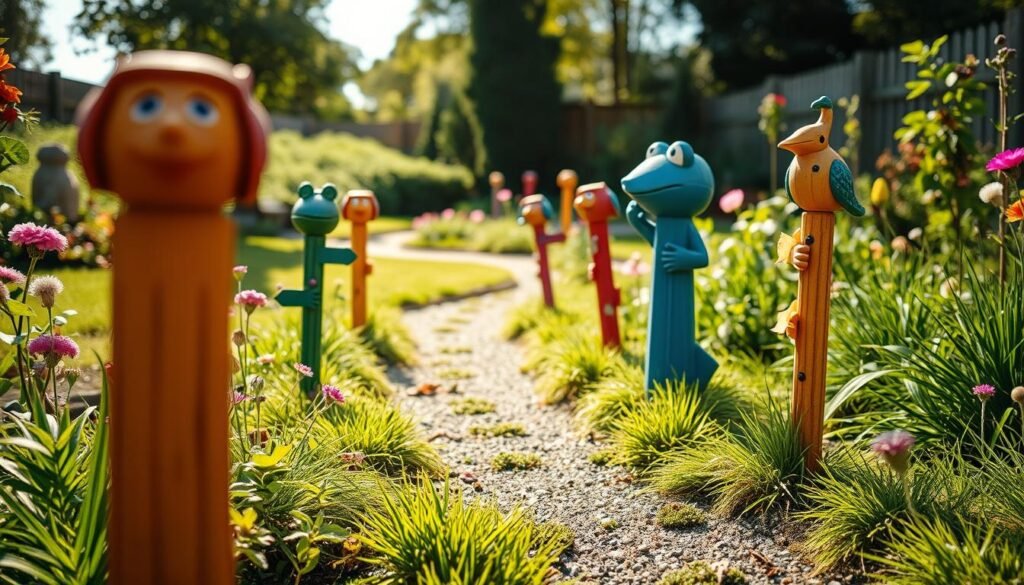 A charming garden path lined with whimsical marker posts, each uniquely designed with bright colors and playful shapes, such as flowers, frogs, and birds. In the foreground, close-up views of the marker posts highlight intricate carvings and textures. The middle ground features a winding gravel path meandering through lush greenery, dotted with vibrant flowers and soft grass. In the background, a serene garden scene unfolds under soft, diffused sunlight, casting gentle shadows and creating an inviting atmosphere. The composition captures a cheerful, warm feeling reminiscent of a sunny day in a cozy backyard. The angle is slightly elevated, providing a comprehensive view of the path, enchanting marker posts, and the overall garden ambiance that beckons visitors to explore.