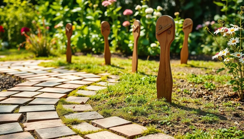 A charming garden pathway made of recycled bricks, showcasing a rustic yet refined look. The foreground features a winding path made of weathered bricks, with moss and small plants growing in the cracks, indicating natural aging and integration with the environment. In the middle ground, handmade wooden garden marker posts stand at intervals, each uniquely designed, guiding the viewer along the path. The background consists of lush greenery, with flowering plants and soft sunlight filtering through the leaves, creating a warm, inviting atmosphere. The scene is captured from a slightly elevated angle, emphasizing the therapeutic curves of the path, with bright natural light highlighting the textures of the bricks and the vibrant colors of the plants, evoking a sense of tranquility and connection to nature.