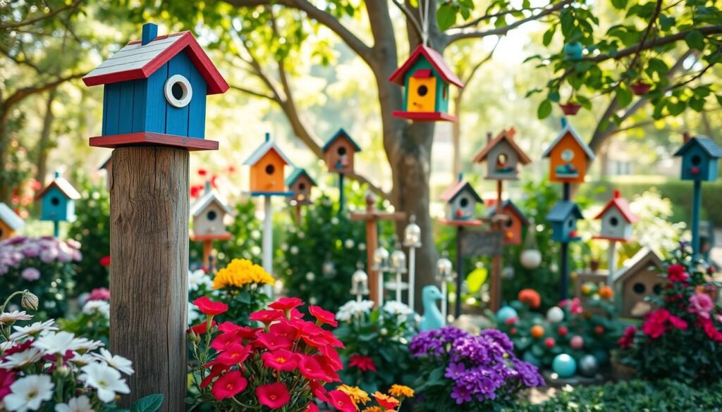 A charming garden scene featuring an array of colorful birdhouses in different shapes and sizes, nestled among vibrant flowers and lush green foliage. In the foreground, a bright red and blue birdhouse sits atop a wooden post, while a whimsical yellow and green one hangs from a nearby tree branch. The middle ground showcases a variety of decorative items, such as bird feeders and small garden ornaments, adding character to the space. In the background, the soft, dappled light filters through the leaves of surrounding trees, creating an inviting and airy atmosphere. Capture this enchanting moment with a focus on natural lighting, using a slightly elevated angle to emphasize the harmonious integration of the birdhouses into the garden's design. The mood is cheerful and welcoming, perfect for attracting backyard wildlife.