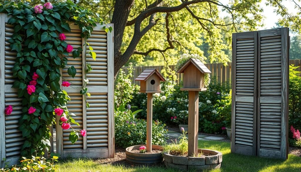 A charming garden scene featuring old wooden shutters repurposed as decorative elements in a backyard setting. In the foreground, the weathered shutters are adorned with climbing vines and vibrant flowers, showcasing their rustic texture and chipped paint. In the middle ground, a well-crafted birdhouse post made from reclaimed wood stands beside a small flower bed, inviting local wildlife. The background is filled with lush greenery and soft sunlight filtering through tree branches, creating an airy and bright atmosphere. The overall mood is serene and nostalgic, ideal for DIY enthusiasts. Capture this scene with a wide-angle lens to emphasize the depth of the garden and the inviting charm of the vintage shutters.