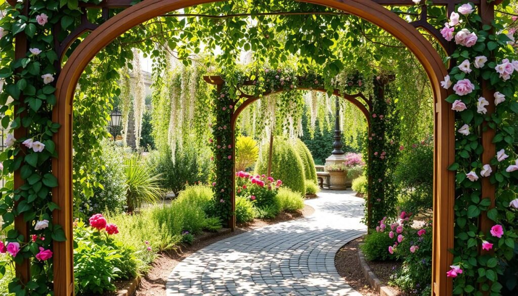 A charming garden scene showcasing a beautifully designed trellis walkway, surrounded by vibrant climbing plants and colorful flowers. In the foreground, an intricately crafted wooden trellis arches overhead, providing a natural frame and inviting passage. The middle ground features a well-defined cobblestone pathway winding beneath the trellis, lined with lush greenery and blooming vines that cascade from above. In the background, soft sunlight filters through the leaves, creating dappled shadows on the ground, enhancing the serene atmosphere. Capture the image with a slightly elevated angle, ensuring a wide view that emphasizes depth and perspective. The overall mood is tranquil and inviting, perfect for a DIY garden inspiration.