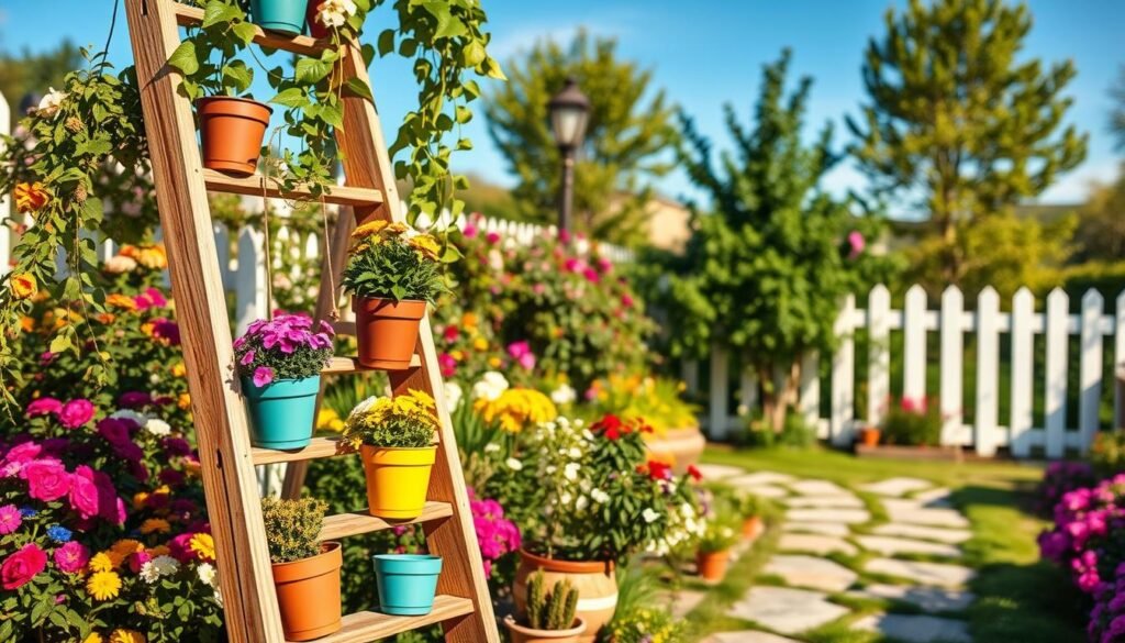 A charming outdoor scene featuring a rustic wooden ladder repurposed as a plant display, adorned with vibrant potted flowers and climbing vines. In the foreground, the ladder leans against a backdrop of a cozy, well-maintained garden filled with colorful blooms and lush greenery. Soft, natural sunlight bathes the entire scene, creating warm highlights and gentle shadows. The middle layer showcases various plant pots of different sizes and colors, arranged artfully on the ladder's rungs, while a stone pathway leads into the garden, enhancing the inviting atmosphere. In the background, a picket fence borders the garden, with a clear blue sky overhead, evoking a serene and uplifting mood. The composition should be captured from a slightly elevated angle to emphasize the ladder's unique structure and display.