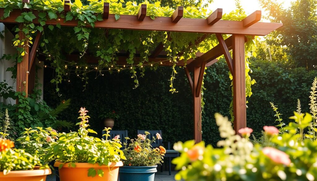 A charming pergola adorned with lush green vines and delicate fairy lights, set in a tranquil garden corner. In the foreground, vibrant planters showcase various herbs and flowers, their colors adding life. The middle ground features the wooden pergola, its beams casting gentle shadows, while tendrils of ivy cascade down, intertwining with soft glowing lights that create a magical ambiance. In the background, lush greenery and soft-focus garden foliage provide a serene backdrop, illuminated by bright, natural sunlight filtering through the leaves. The atmosphere feels inviting and serene, perfect for vertical gardening and enhancing outdoor spaces. Capture this scene with a warm color palette and a slightly elevated angle to emphasize the interplay of light and shadow, creating a harmonious balance.
