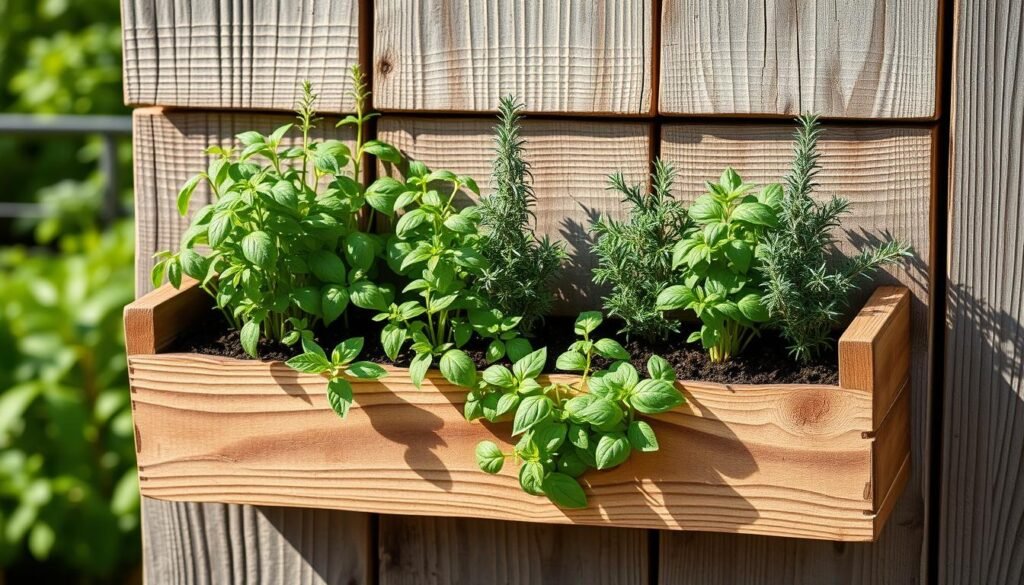 A charming rustic wall-mounted herb garden featuring a variety of vibrant green herbs such as basil, rosemary, and thyme, displayed in wooden planter boxes. The foreground should show the wooden planters with detailed textures, displaying herbs flourishing in rich, dark soil. The middle ground contains weathered wooden boards behind the planters, showcasing a rustic, barn-like aesthetic. Natural light streams in softly, highlighting the herbs and casting gentle shadows, creating a warm and inviting atmosphere. In the background, blurred greenery of a garden can be seen, enhancing the organic feel of the scene. The overall composition should evoke a sense of tranquility and connection to nature, ideal for a DIY home decor theme. A charming rustic wall-mounted herb garden featuring a variety of vibrant green herbs such as basil, rosemary, and thyme, displayed in wooden planter boxes. The foreground should show the wooden planters with detailed textures, displaying herbs flourishing in rich, dark soil. The middle ground contains weathered wooden boards behind the planters, showcasing a rustic, barn-like aesthetic. Natural light streams in softly, highlighting the herbs and casting gentle shadows, creating a warm and inviting atmosphere. In the background, blurred greenery of a garden can be seen, enhancing the organic feel of the scene. The overall composition should evoke a sense of tranquility and connection to nature, ideal for a DIY home decor theme.