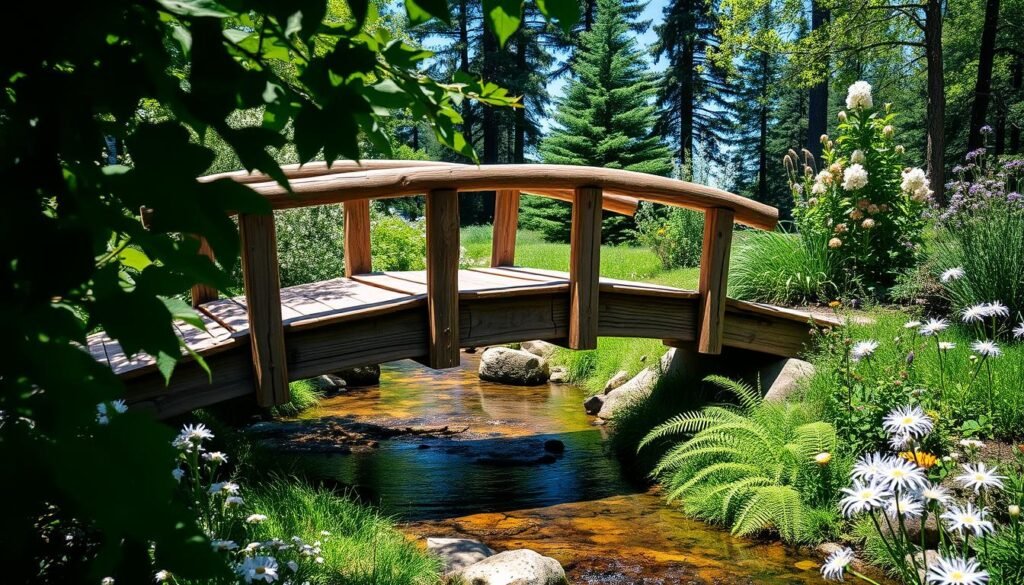 A charming rustic wooden bridge spans over a gentle stream, surrounded by lush greenery and wildflowers. The bridge features a weathered, natural wood finish, showcasing the intricate grain patterns and subtle knots. In the foreground, the sunlight filters through the leaves, casting soft, dappled shadows on the bridge. The middle ground includes a serene stream with clear water reflecting the blue sky, bordered by stones and ferns. In the background, a mix of tall trees and flowering plants creates a serene, picturesque setting. The lighting is bright yet soft, evoking a peaceful, inviting atmosphere, perfect for garden landscaping inspiration. Capture this scene from a slightly elevated angle, allowing for depth while focusing on the bridge's rustic materials and natural surroundings.