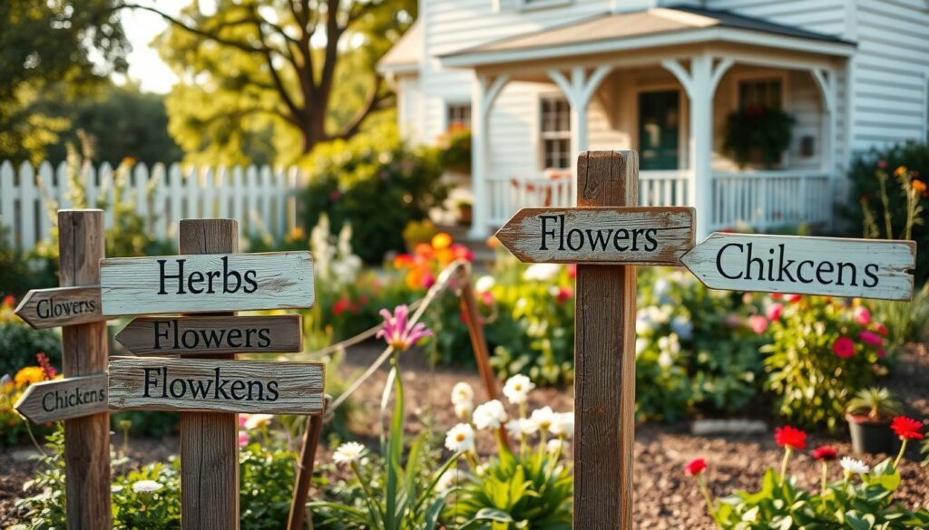 A charming scene featuring farmhouse-style sign posts, each displaying unique vintage touches. In the foreground, several rustic wooden sign posts are creatively arranged, crafted from reclaimed wood, and adorned with distressed paint. The signs point towards various garden destinations, like "Herbs," "Flowers," and "Chickens." The middle ground showcases a lush garden filled with vibrant blooms and greenery, while a charming farmhouse with a white façade and a wrap-around porch serves as the backdrop. Soft, natural lighting bathes the scene in a warm glow, enhancing the inviting atmosphere of the outdoor space. This idyllic setting captures the essence of DIY decor, evoking a sense of tranquility and rustic charm. The angle is slightly elevated, offering a comprehensive view of the sign posts against the picturesque garden.