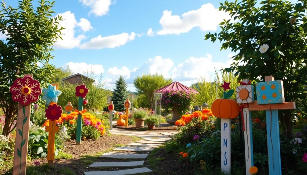 A charming seasonal garden decorated with DIY path marker posts, showcasing a variety of unique designs for different seasons. In the foreground, colorful hand-painted wooden posts with whimsical motifs like flowers, pumpkins, and snowflakes, arranged artistically along a winding garden path. In the middle ground, lush greenery and blossoming flowers in vibrant hues frame the pathway, while a scattering of seasonal decorations adds character. The background features a sunny blue sky with soft, fluffy clouds, bathing the scene in warm, inviting light. The atmosphere is cheerful and inviting, perfect for inspiring creativity in garden decor. Capture the scene from a slightly elevated angle, emphasizing depth, with bright natural lighting enhancing the colors and textures of the decorations.