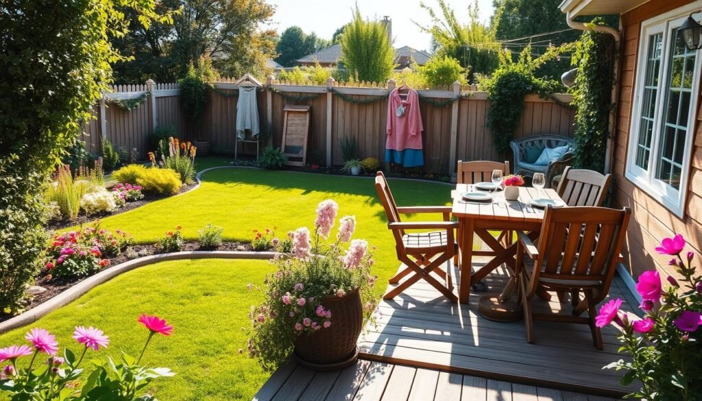 A charming small backyard design, featuring a cozy wooden deck surrounded by lush greenery and vibrant flowers. In the foreground, a well-furnished deck with comfortable chairs and a rustic dining table set for an outdoor meal. The middle ground showcases a carefully manicured lawn bordered by flowering plants and strategic landscaping that maximizes space. In the background, a quaint fence adorned with climbing vines and fairy lights adds a magical touch. Bright, natural sunlight spills over the scene, creating a warm, inviting atmosphere. The composition is captured from an angle that emphasizes the cozy and functional aspects of small outdoor living spaces, with a focus on harmony and balance in design.
