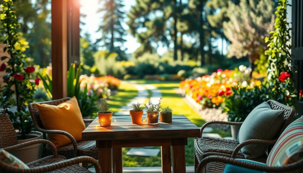 A charming small garden table made of rustic wood, adorned with glowing fairy lights and a few potted herbs, set in an inviting outdoor space. In the foreground, the table is surrounded by comfortable, modest seating like woven chairs and colorful cushions. The middle ground features lush greenery, blooming flowers, and a path made of smooth stones leading towards a vibrant flower bed. In the background, a soft-focus of tall trees and a bright blue sky can be seen, with soft sunlight filtering through the leaves. Capture the scene with warm, natural lighting to create a cozy, inviting atmosphere that highlights the usefulness of the garden table in enhancing outdoor areas. Use a wide-angle lens perspective to suggest a spacious feel. A charming small garden table made of rustic wood, adorned with glowing fairy lights and a few potted herbs, set in an inviting outdoor space. In the foreground, the table is surrounded by comfortable, modest seating like woven chairs and colorful cushions. The middle ground features lush greenery, blooming flowers, and a path made of smooth stones leading towards a vibrant flower bed. In the background, a soft-focus of tall trees and a bright blue sky can be seen, with soft sunlight filtering through the leaves. Capture the scene with warm, natural lighting to create a cozy, inviting atmosphere that highlights the usefulness of the garden table in enhancing outdoor areas. Use a wide-angle lens perspective to suggest a spacious feel.