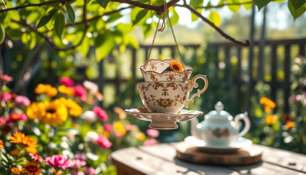 A charming teacup bird feeder made from an ornate, vintage teacup and saucer, elegantly suspended from a whimsical tree branch. Nestled in a lush garden filled with vibrant flowers and greenery, the teacup is filled with sunflower seeds, inviting small birds like finches and chickadees. In the background, a quaint teapot sits on a wooden garden table, partially obscured by soft, dappled sunlight filtering through leaves, creating a serene and peaceful atmosphere. The image has a shallow depth of field, focusing crisply on the teacup feeder while softly blurring the garden background. The scene is bathed in bright, natural light, exuding a warmth and inviting charm, perfect for showcasing the DIY aspect of beautiful garden décor.