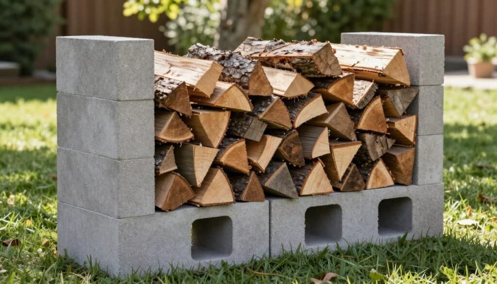 A cinder block firewood rack standing in a serene backyard setting, neatly organized with stacked firewood in various sizes. The foreground features the gray cinder blocks, prominently displaying their rugged texture and geometric shapes, while the middle ground shows the neatly stacked firewood, with rich browns and rustic logs contrasting against the sturdy blocks. In the background, a hint of lush green grass and a few scattered trees add a natural feel to the scene. The lighting is bright and natural, with soft sunlight filtering through the leaves, casting gentle shadows. The overall mood is calm and inviting, perfect for a summer evening gathering. The angle captures the rack from a slight elevation, emphasizing its practicality and simplicity in outdoor design.