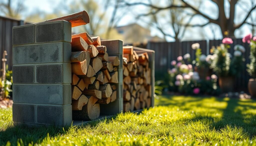 A classic outdoor firewood rack made of cinder blocks, neatly organized and showcasing logs stacked in an alternating pattern. The foreground features the sturdy cinder block structure with a few wooden logs peeking out from the sides. In the middle ground, a green lawn is visible, accentuating the rack’s practical design. The background features a softly blurred garden with blooming flowers and a sunny blue sky, creating a peaceful atmosphere. The scene is illuminated by bright, natural light with soft sunlight filtering through the trees, casting gentle shadows. Captured from a slightly elevated angle to emphasize the construction, this image conveys a rustic yet stylish DIY solution for firewood storage in a backyard setting. The mood is inviting and homey.