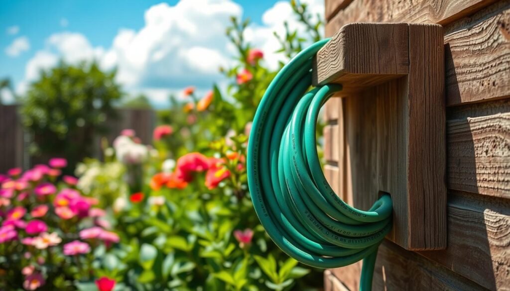 A close-up of a well-maintained DIY garden hose holder made of weathered wood, showcasing its intricate details. In the foreground, the holder is securely mounted on a garden wall, with a neatly coiled green garden hose resting in it. The middle layer features vibrant blooming flowers and lush greenery surrounding the holder, emphasizing a well-cared-for garden. The background reveals a bright blue sky with soft, fluffy clouds, creating a serene atmosphere. The scene is illuminated by bright natural light, highlighting the textures of the wood and the sheen of the hose. The composition is framed from a slightly elevated angle to capture the depth and beauty of the garden while keeping the focus on the hose holder. The mood is tranquil and inviting, epitomizing outdoor maintenance and care.