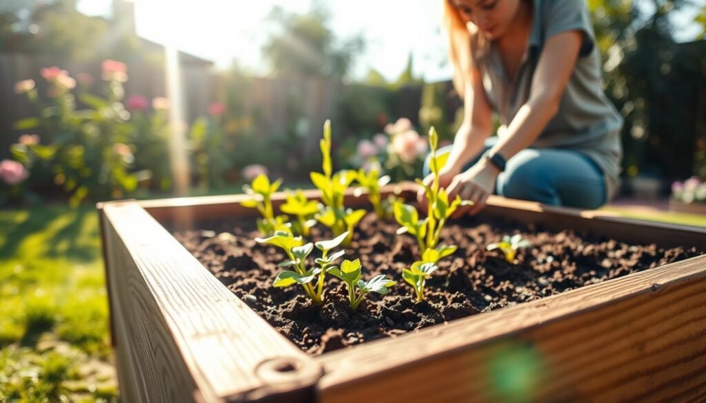 A close-up view of a beautifully constructed raised garden bed set in a lush backyard. The garden bed is wooden, with a height of about 2 feet and a depth of 1 foot, showcasing rich soil and vibrant green plants growing inside. The foreground captures the texture of the wood and the details of the soil, with sunbeams illuminating the surface, creating a warm and inviting atmosphere. In the middle ground, consider a gardener in modest casual clothing, gently tending to the plants, their focused expression reflecting care and dedication. In the background, a serene garden setting features blooming flowers and soft greenery bathed in bright, natural sunlight. The overall mood is peaceful and productive, highlighting the importance of selecting the ideal height and depth for a raised garden bed.