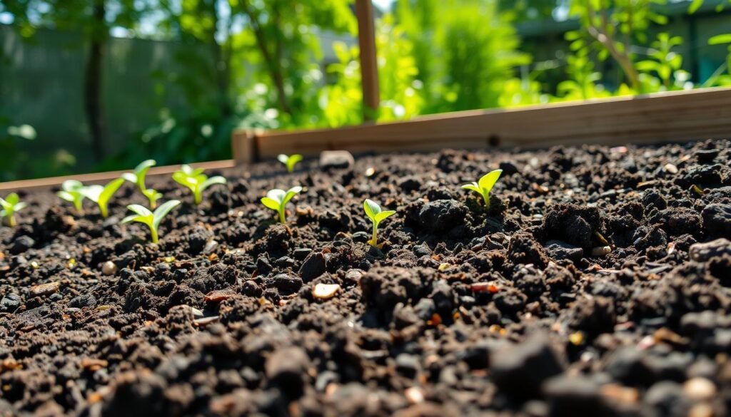 A close-up view of a raised bed filled with optimal soil mix for vegetable gardening. In the foreground, rich dark soil is layered with various organic materials like compost, peat moss, and vermiculite, showcasing a textured surface. The middle ground features vibrant green seedlings sprouting from the soil, indicating a thriving garden. In the background, a rustic wooden frame of a raised garden bed is partially visible, surrounded by a sunny backyard setting filled with greenery. Soft sunlight filters through leaves, casting gentle shadows, creating a warm and inviting atmosphere. Capture the image with a shallow depth of field to focus on the soil mix and seedlings, enhancing the texture and detail.