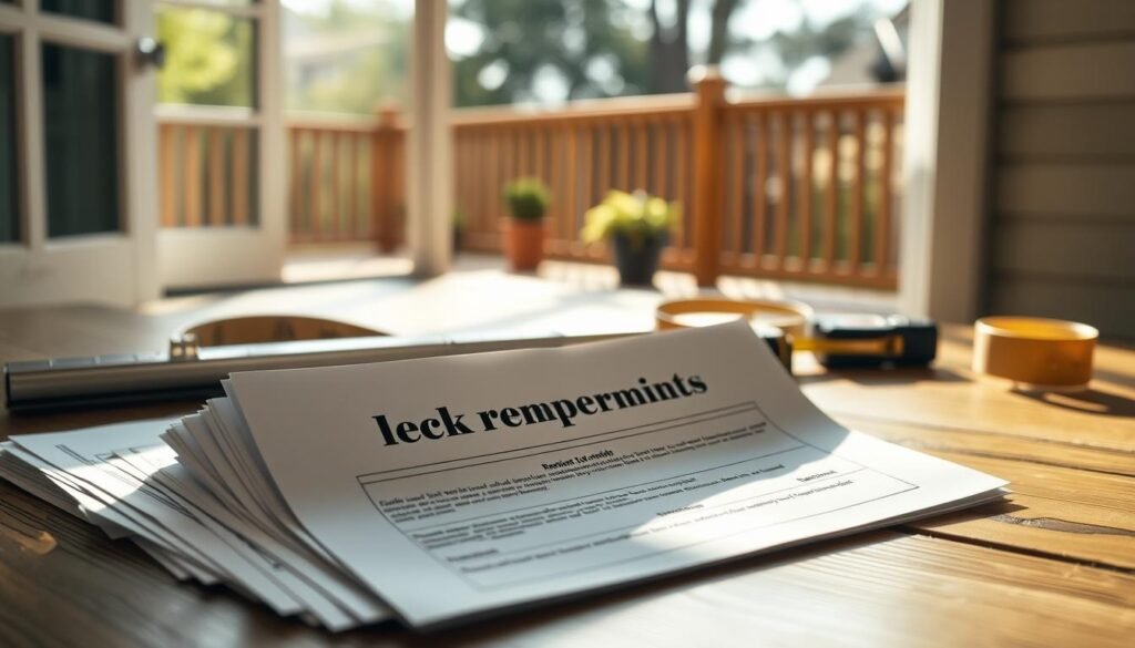 A close-up view of a stack of "deck renovation permits" laid out on a wooden table, surrounded by a few essential tools like a tape measure and a level. The permits are highlighted with bright natural light pouring in from a nearby window, casting soft shadows that create an airy atmosphere. In the background, a well-maintained backyard deck is partially visible, subtly indicating an ongoing renovation project. The scene conveys a sense of professionalism and preparedness, with a focus on safety compliance in home improvements. The image should capture the essence of planning and evaluation with an inviting, organized aesthetic, emphasizing clarity and attention to detail.