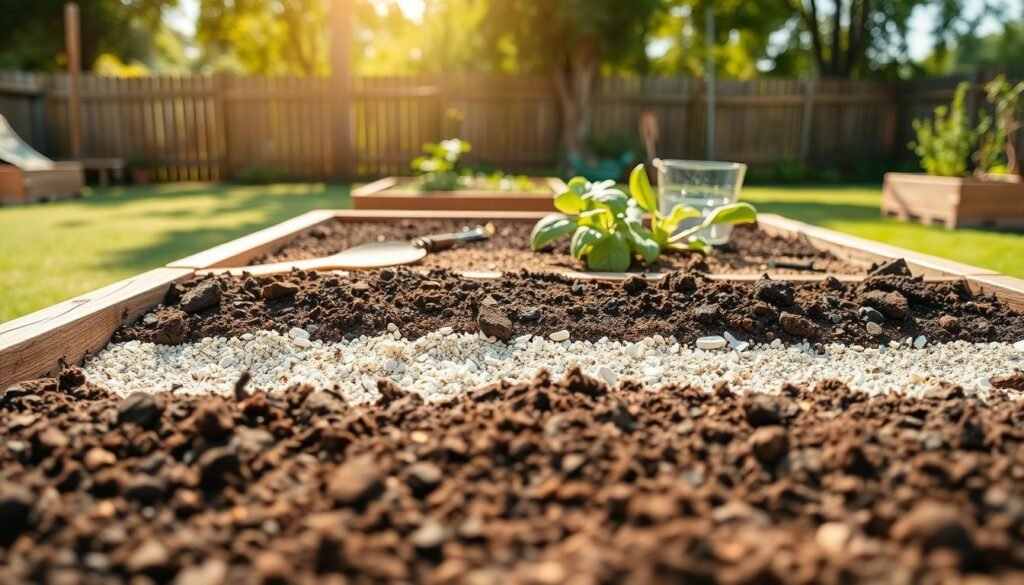A close-up view of an organized raised garden bed, showcasing various soil mix ratios layered neatly. In the foreground, display distinct sections of the soil mix, including dark organic compost, light perlite, and rich topsoil, each clearly separated and labeled by color gradients. In the middle ground, include gardening tools such as a trowel and measuring cup, suggesting careful planning and measurement. In the background, depict a sunny backyard with soft sunlight filtering through trees, creating an airy atmosphere. The image should convey a sense of calm and organization, inviting viewers to consider their own raised garden bed projects. The lighting should be bright and natural, with a focus on clarity and detail.