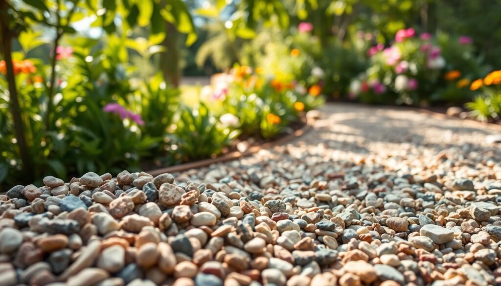 A close-up view of different types of gravel suitable for garden paths, arranged in a natural setting. In the foreground, various gravel sizes, from small pebbles to medium-sized stones, reflect a range of earthy colors such as gray, beige, and reddish tones. The middle ground features a well-maintained gravel garden path, winding through lush green plants and colorful flowers, showcasing the gravel's texture and size. In the background, a sunny garden environment with soft sunlight filtering through leaves creates an inviting atmosphere. The image captures the bright natural light illuminating the gravel, enhancing its appeal, with a shallow depth of field focusing on the gravel while softly blurring the background, emphasizing the beauty of each type of gravel for garden pathways. A close-up view of different types of gravel suitable for garden paths, arranged in a natural setting. In the foreground, various gravel sizes, from small pebbles to medium-sized stones, reflect a range of earthy colors such as gray, beige, and reddish tones. The middle ground features a well-maintained gravel garden path, winding through lush green plants and colorful flowers, showcasing the gravel's texture and size. In the background, a sunny garden environment with soft sunlight filtering through leaves creates an inviting atmosphere. The image captures the bright natural light illuminating the gravel, enhancing its appeal, with a shallow depth of field focusing on the gravel while softly blurring the background, emphasizing the beauty of each type of gravel for garden pathways.