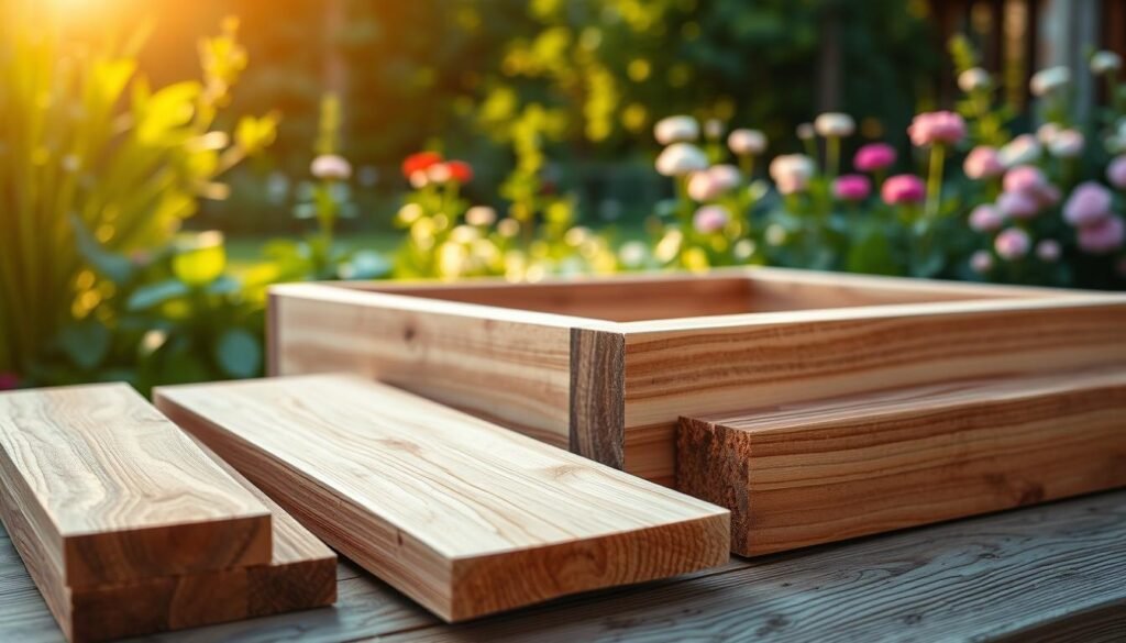 A close-up view of various high-quality wood boards ideal for raised garden beds, elegantly arranged on a rustic wooden table. The foreground features Douglas Fir, Cedar, and Redwood planks, showcasing their rich textures and natural patterns. In the middle, a neatly assembled corner of a raised garden bed construction is visible, highlighting the craftsmanship and strength of the wood. The background consists of a softly blurred lush garden landscape with vibrant green plants and blooming flowers, illuminated by warm, soft sunlight that filters through the leaves, creating an inviting atmosphere. The overall mood is serene and inspiring, focusing on the natural beauty of the wood and its suitability for gardening purposes.