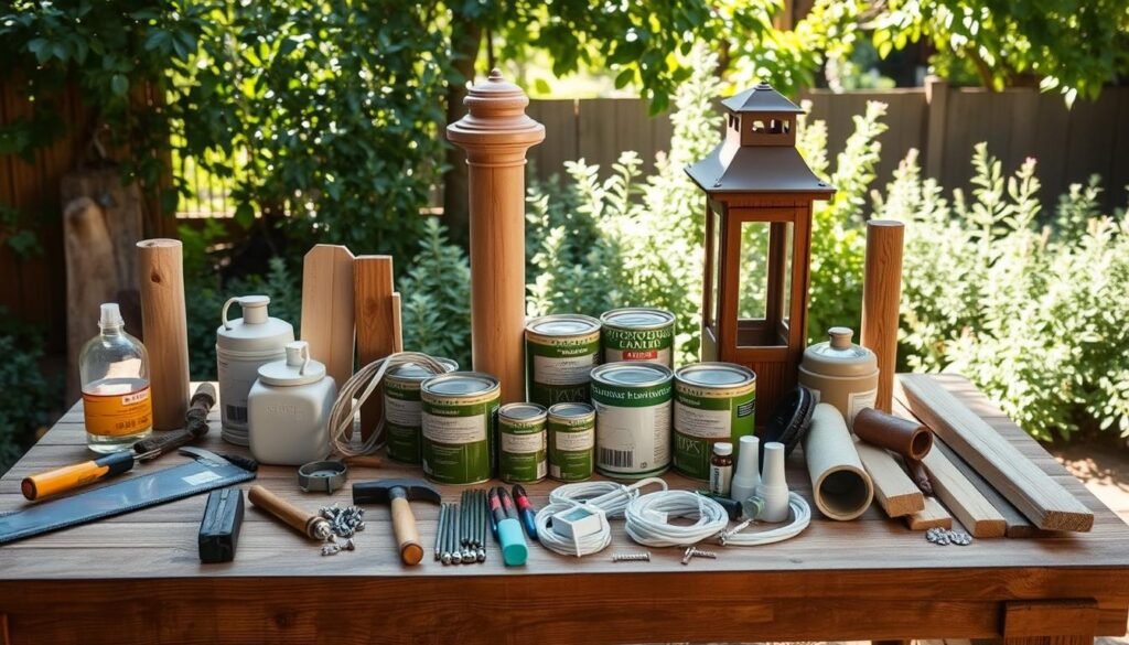 A collection of DIY outdoor lantern post materials arranged on a rustic wooden workbench in a well-lit garden setting. In the foreground, a variety of tools including a saw, hammer, and screws lay alongside wooden posts and lantern fixtures. The middle ground features neatly organized pieces of wiring, paint cans in natural hues, and a partially assembled lantern, showcasing the building process. The background reveals a lush garden with soft sunlight filtering through the leaves, creating an inviting and serene atmosphere. The composition emphasizes bright, natural light that highlights the textures of the materials, with a focus on warmth and creativity, ideal for a home project. A collection of DIY outdoor lantern post materials arranged on a rustic wooden workbench in a well-lit garden setting. In the foreground, a variety of tools including a saw, hammer, and screws lay alongside wooden posts and lantern fixtures. The middle ground features neatly organized pieces of wiring, paint cans in natural hues, and a partially assembled lantern, showcasing the building process. The background reveals a lush garden with soft sunlight filtering through the leaves, creating an inviting and serene atmosphere. The composition emphasizes bright, natural light that highlights the textures of the materials, with a focus on warmth and creativity, ideal for a home project.