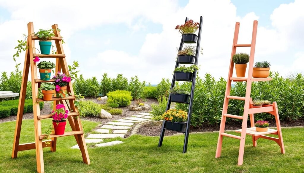 A collection of creative ladder plant stand designs arranged in an outdoor garden setting, showcasing various styles made from natural wood, metal, and painted finishes. In the foreground, feature a rustic wooden ladder with cascading potted herbs and vibrant flowers, while beside it, a modern metal ladder stand is adorned with colorful succulent arrangements. The middle ground includes a small stone pathway leading to a charming garden area filled with lush greenery and decorative stones. The background displays a bright blue sky with soft white clouds, allowing ample natural light to illuminate the scene. Use a warm, inviting color palette to create a cozy atmosphere. Capture the image from a slightly elevated angle to showcase the depth and creativity of the design variations.