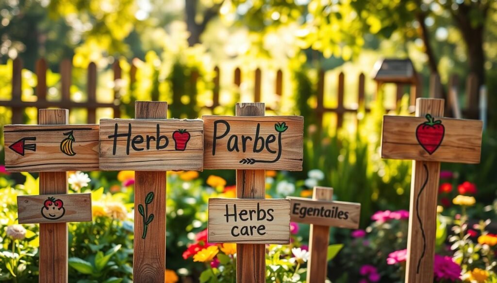 A collection of repurposed pallet garden sign posts arranged in a vibrant outdoor garden setting. In the foreground, several rustic wooden signposts display charming, hand-painted symbols representing various plants and garden areas, like herbs and vegetables. The middle ground features colorful flower beds and lush green foliage, creating an inviting atmosphere. In the background, a softly blurred fence adds to the garden's rustic charm, while dappled sunlight filters through the leaves, illuminating the scene with a warm glow. The mood is cheerful and creative, encouraging DIY spirit. The shot is taken from a slightly elevated angle to capture the texture of the wood and the colorful plants surrounded by soft, natural lighting. No text or branding is included.