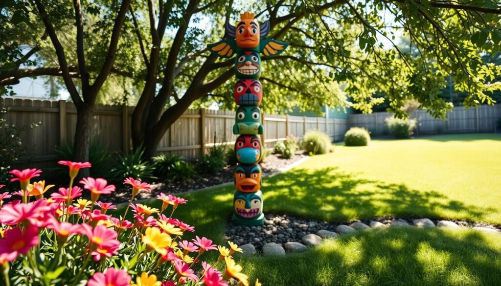 A colorful garden totem pole sign post standing tall in a vibrant backyard. The totem pole features an array of hand-painted designs, showcasing whimsical animals and nature motifs, each section flowing harmoniously into the next. In the foreground, a lush patch of blooming flowers adds pops of color, while the middle ground reveals the totem set against a backdrop of green grass and scattered decorative stones. The scene is bathed in bright natural light, with soft sunlight filtering through the leaves of nearby trees, creating dappled shadows. The angle captures the sign from slightly below, emphasizing its height and playful character. The atmosphere is cheerful and inviting, perfect for a decorative outdoor space.