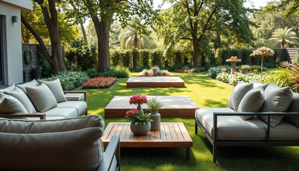 A contemporary outdoor seating area featuring a stylish patio setup. In the foreground, plush, modern outdoor furniture with soft cushions in neutral tones invites relaxation. A sleek wooden coffee table adorned with vibrant potted plants adds a pop of color. In the middle ground, a carefully designed wooden platform sits on plush green grass, surrounded by well-maintained flower beds. The background showcases a tranquil garden with tall trees providing gentle shade. The scene is bathed in bright, natural light, with soft sunlight filtering through leaves, creating a warm and inviting atmosphere. Capture this setup from a slightly elevated angle for a comprehensive view, highlighting the balance and harmony of the design. A contemporary outdoor seating area featuring a stylish patio setup. In the foreground, plush, modern outdoor furniture with soft cushions in neutral tones invites relaxation. A sleek wooden coffee table adorned with vibrant potted plants adds a pop of color. In the middle ground, a carefully designed wooden platform sits on plush green grass, surrounded by well-maintained flower beds. The background showcases a tranquil garden with tall trees providing gentle shade. The scene is bathed in bright, natural light, with soft sunlight filtering through leaves, creating a warm and inviting atmosphere. Capture this setup from a slightly elevated angle for a comprehensive view, highlighting the balance and harmony of the design.