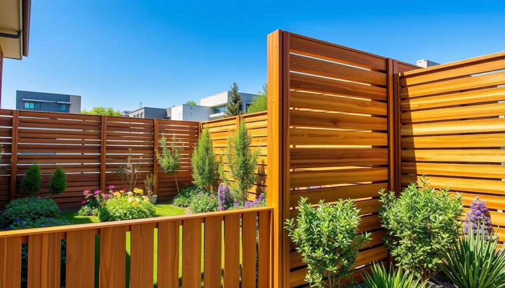 A contemporary urban backyard showcasing modern slat fencing designs. In the foreground, elegant wooden slat panels in varying heights create a stylish and private boundary, crafted from rich, warm-toned wood with a smooth finish. The middle ground features a lush garden with colorful flowers and neatly trimmed shrubs that complement the fencing’s natural aesthetic. In the background, a clear blue sky illuminates the scene with bright natural light, casting soft shadows and enhancing the textures of the slats. The ambiance is serene and inviting, embodying a peaceful retreat within an urban setting. Captured with a wide-angle lens to emphasize the spaciousness, focus on details like the wood grain and garden elements, presenting an idyllic DIY decorative fence concept.