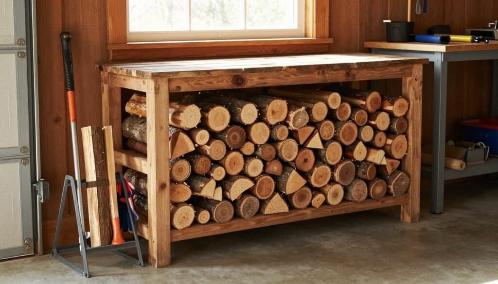 A cozy and inviting indoor firewood storage setup situated in a garage, featuring a wooden rack filled with neatly stacked logs of various sizes. In the foreground, a sturdy metal tool stand holding firewood tools like a log splitter and gloves. The middle ground includes the wood rack, made of rustic reclaimed wood. Natural light streams in through a nearby window, illuminating the space with soft sunlight, casting gentle shadows. The background offers glimpses of the garage with neatly organized tools and a workbench, creating an atmosphere of warmth and practicality. The overall mood is serene and functional, emphasizing clever storage solutions for keeping firewood accessible and organized. Capture this scene with a slightly elevated angle to showcase the arrangement effectively.