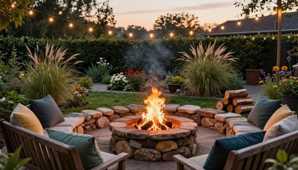 A cozy backyard fire pit surrounded by comfortable seating, featuring a rustic stone fire pit crackling softly with warm flames. In the foreground, a wooden bench adorned with colorful cushions invites relaxation, while twinkling fairy lights are strung overhead. The middle ground shows a neatly arranged circle of smooth stones around the fire pit, with a few logs stacked nearby. In the background, a lush garden with blooming flowers and tall grasses sways gently in the breeze, bathed in soft, natural sunlight. The scene captures an inviting evening ambiance, perfect for unwinding and gathering with friends. The angle is slightly elevated, showcasing the inviting setup against a serene twilight sky.