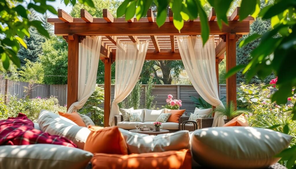 A cozy backyard oasis featuring a beautifully crafted wooden pergola set in a lush garden corner. The foreground showcases a vibrant array of textiles, including plush cushions and draped throws in rich, warm colors, inviting relaxation. In the middle ground, the pergola is adorned with flowing sheer curtains that gently sway in the soft breeze, casting delicate shadows. The background reveals verdant greenery and blooming flowers, enhancing the tranquil atmosphere. The scene is illuminated by bright, natural light filtered through the leaves, creating an airy and inviting mood. The angle captures a slightly elevated view, emphasizing the inviting space while ensuring a sense of depth and comfort throughout the setting.