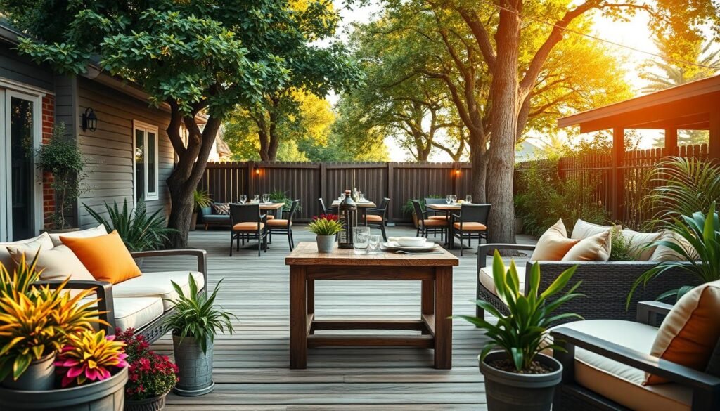 A cozy backyard restaurant patio setting, showcasing a stylish, rustic wooden side table at the center. The foreground features vibrant potted plants and comfortable seating arranged around the table, with cushions in warm, inviting colors. In the middle ground, a wide, open layout reveals wooden decking illuminated by soft, natural sunlight filtering through lush greenery overhead. The background includes subtle string lights hanging between trees, enhancing the relaxed, inviting atmosphere. A well-set table displays tasteful dinnerware, hinting at a delightful dining experience. Capture this scene with a slightly elevated angle, allowing a glimpse of the patio's overall harmony, evoking feelings of warmth and community in a serene outdoor environment. A cozy backyard restaurant patio setting, showcasing a stylish, rustic wooden side table at the center. The foreground features vibrant potted plants and comfortable seating arranged around the table, with cushions in warm, inviting colors. In the middle ground, a wide, open layout reveals wooden decking illuminated by soft, natural sunlight filtering through lush greenery overhead. The background includes subtle string lights hanging between trees, enhancing the relaxed, inviting atmosphere. A well-set table displays tasteful dinnerware, hinting at a delightful dining experience. Capture this scene with a slightly elevated angle, allowing a glimpse of the patio's overall harmony, evoking feelings of warmth and community in a serene outdoor environment.