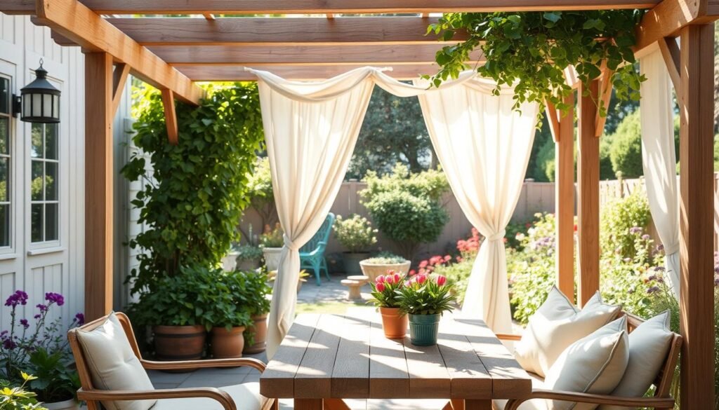 A cozy backyard scene featuring a beautifully constructed DIY pergola in a garden corner, crafted from natural wood beams. In the foreground, showcase a rustic wooden table set with potted plants and soft patio cushions, embodying an inviting atmosphere. The middle ground should highlight the pergola adorned with climbing vines and soft fabric drapes, creating dappled shade underneath. In the background, depict a sunlit garden filled with vibrant flowers and green shrubs, conveying a sense of tranquility and natural beauty. Capture this scene in bright, natural light with soft sunlight filtering through the foliage, using a warm color palette to evoke a serene outdoor space. The angle should be slightly elevated, providing an immersive perspective of this inviting DIY project ideal for beginners.