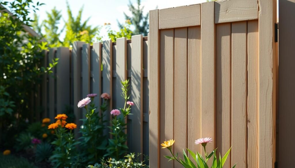 A cozy backyard scene featuring a beautifully crafted shutter style fence panel, expertly designed for a farmhouse aesthetic. In the foreground, the fence showcases rustic wooden slats painted in soft, muted tones with subtle distressing, capturing the charm of DIY woodworking. The middle ground includes lush green plants and colorful blooms, providing a vibrant contrast to the warm wood. In the background, a bright, clear sky filters soft sunlight, enhancing the inviting atmosphere. The composition is captured from a slightly elevated angle to highlight the details of the fence in sharp focus while maintaining an airy feel throughout the scene. This image evokes a sense of tranquility and rustic elegance, perfect for a garden setting.