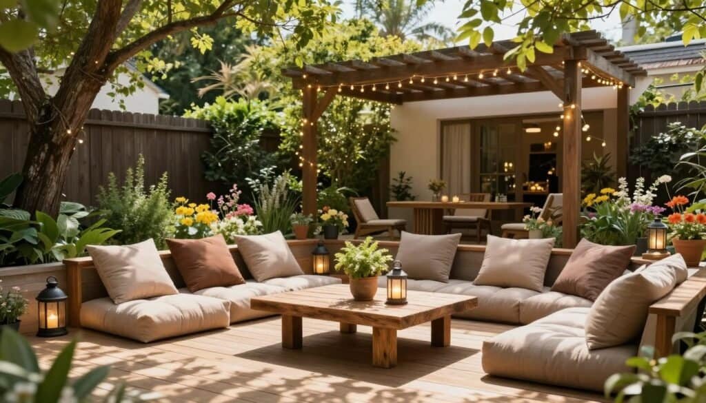A cozy backyard scene featuring a beautifully designed seating area, with plush cushions in soft earth tones arranged on a wooden deck. In the foreground, a rustic coffee table adorned with a well-tended plant and lanterns, casting a warm glow. The middle ground showcases a stylish, shaded pergola draped with twinkling fairy lights, inviting relaxation. Behind the seating area, lush greenery and flower beds add vibrancy and life to the scene. Bright natural light filters through the branches of nearby trees, creating soft shadows on the ground, while a gentle breeze is suggested by swaying foliage. The atmosphere is tranquil and inviting, perfect for leisurely afternoons spent outdoors.