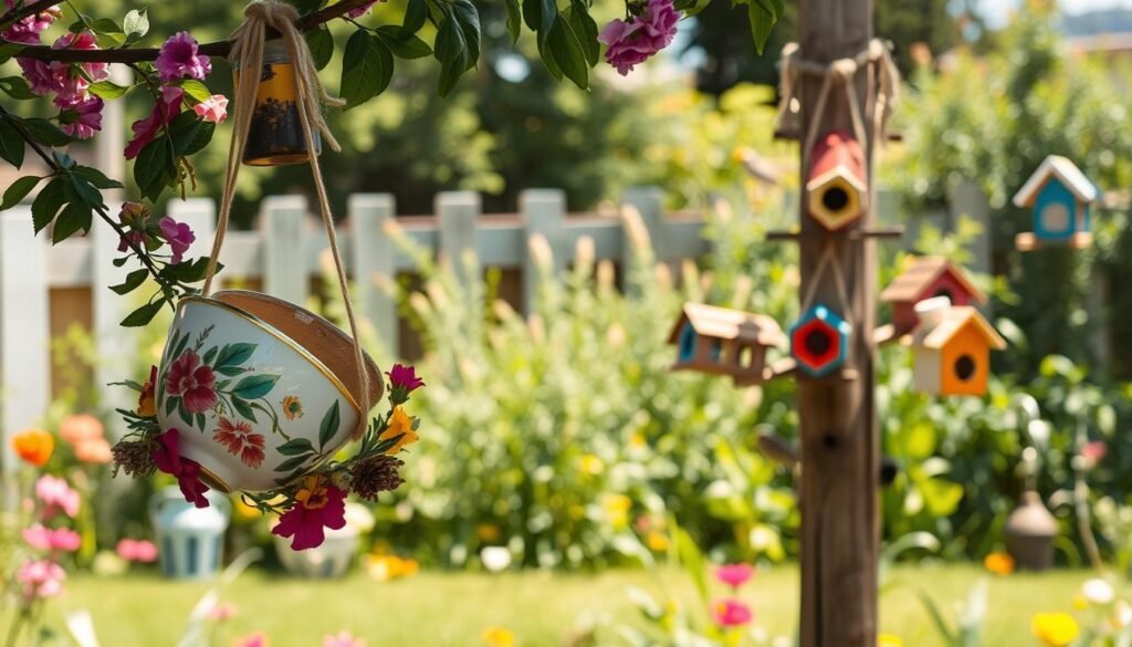 A cozy backyard scene featuring a variety of recycled bird feeders crafted from everyday items like plastic bottles, tin cans, and wooden scraps. In the foreground, showcase an intricately designed bird feeder made from an old teacup hanging from a tree branch, surrounded by colorful flowers. The middle ground includes a rustic wooden post holding multiple feeders of different shapes and sizes, each adorned with natural twine and painted vibrant colors. In the background, a lush green garden is bathed in soft natural sunlight, with a few birds perched on the feeders, creating a lively atmosphere. The scene captures a serene and inviting ambiance, reflecting creativity and sustainability in an outdoor setting. Use bright, airy lighting to enhance the mood, focusing on capturing detailing in the textures of the materials.