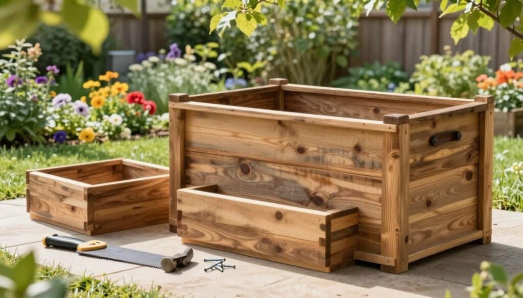 A cozy backyard scene featuring a wooden compost bin made from rustic, weathered planks, showcasing a step-by-step construction process. In the foreground, tools like a saw, hammer, and wood screws are neatly arranged beside partially assembled bin sections. The middle ground displays the compost bin in various stages of completion, emphasizing the wooden texture and connections. In the background, a vibrant garden flourishes with colorful flowers and lush greenery, bathed in soft, bright natural light, highlighting the inviting atmosphere. Gentle sunlight filters through the leaves of nearby trees, creating an airy, well-lit ambiance that enhances the DIY aesthetic. The image is warm and welcoming, inspiring viewers to create their own compost bin for garden use.