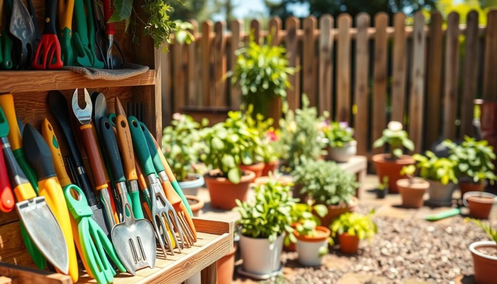 A cozy backyard scene featuring an organized small garden tools storage area. In the foreground, a wooden shelf filled with neatly arranged small garden tools such as trowels, pruners, and hand forks, all in cheerful colors. The middle ground showcases potted plants and herbs in various containers, creating a lively and inviting atmosphere. In the background, a sunlit garden with lush greenery and a wooden fence softly blurred to enhance depth. The scene is bathed in bright, natural light, highlighting the textures of the wood and the vibrant colors of the tools and plants. The overall mood is warm, cheerful, and inspiring, perfect for showcasing creative organization in a small garden space.