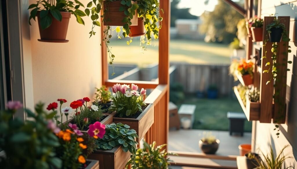 A cozy balcony garden showcasing innovative space-saving gardening ideas, featuring vertical planter boxes made of wood, beautifully arranged against a soft, sunlit backdrop. In the foreground, a variety of colorful flowers and herbs are neatly planted in tiered wooden shelves, while hanging pots with trailing vines add a touch of greenery. The middle ground includes a wooden railing adorned with small planters, creating depth and dimension. In the background, a serene view of a small backyard with a well-maintained lawn and a distant fence, all bathed in warm, gentle sunlight. The atmosphere is peaceful and inviting, highlighting the joy of gardening in limited spaces, captured with a shallow depth of field, emphasizing the vibrant colors and textures of the plants.