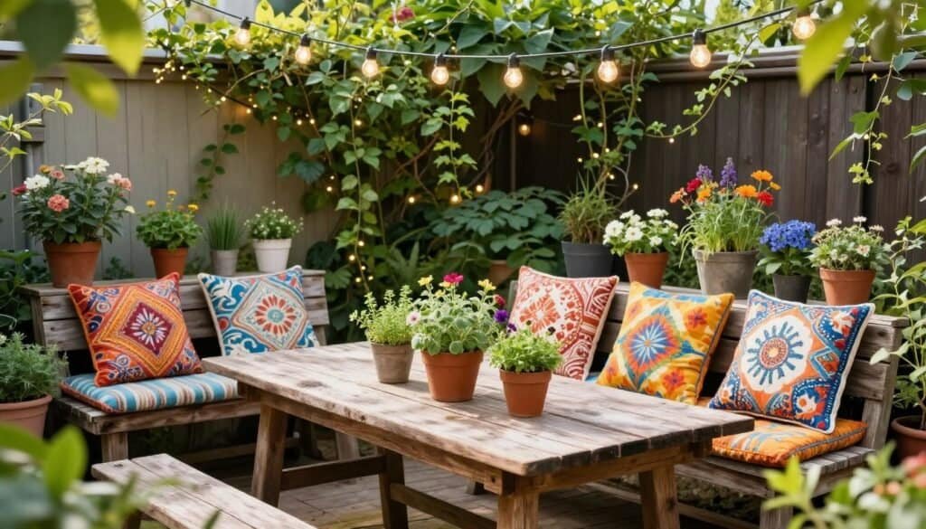 A cozy, budget-friendly patio garden featuring a variety of DIY elements. In the foreground, a rustic wooden table adorned with potted herbs and colorful flowers creates an inviting centerpiece. The middle ground showcases comfortable seating made from reclaimed materials, with cushions in vibrant, cheerful patterns. A whimsical string of lights hangs overhead, adding warmth. In the background, a lush green trellis covered in climbing vines and fairy lights enhances the relaxed atmosphere. The scene is bathed in bright, natural light, with soft sunlight filtering through the foliage, creating a serene ambiance perfect for relaxation. Capture this image with a slightly angled perspective to emphasize depth and detail, capturing the essence of a peaceful retreat.
