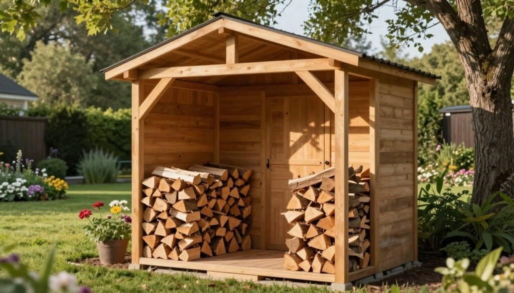 A cozy firewood shed in a serene backyard setting, featuring a sturdy wooden structure with a sloped roof. In the foreground, neatly stacked firewood creates a warm, inviting atmosphere. The middle ground shows the shed, well-constructed with wooden beams, partially opened to reveal its contents, illuminated by soft, natural sunlight filtering through nearby trees, casting gentle shadows. In the background, a manicured lawn with blooming flowers adds to the idyllic feel. The scene captures a tranquil, late afternoon mood, with bright, airy lighting enhancing the details of the shed and firewood, creating a harmonious outdoor storage solution.