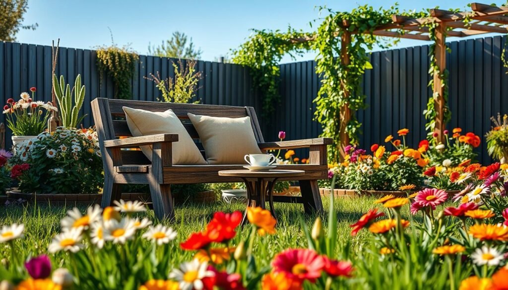A cozy garden scene featuring a simple, rustic wooden bench set in a vibrant backyard. The foreground shows the bench, constructed from weathered reclaimed wood, complete with soft cushions in earthy tones for comfort. Surrounding it, lush green grass blends with colorful flower beds bursting with daisies, tulips, and marigolds. In the middle ground, a small round table adorned with a steaming cup of tea rests beside the bench, enhanced by gentle afternoon sunlight casting soft shadows. The background reveals a trellis with climbing vines and a clear blue sky, inviting tranquility. The lighting captures the warmth of a sunny day, creating an inviting atmosphere that suggests relaxation and peace in this serene outdoor haven. A cozy garden scene featuring a simple, rustic wooden bench set in a vibrant backyard. The foreground shows the bench, constructed from weathered reclaimed wood, complete with soft cushions in earthy tones for comfort. Surrounding it, lush green grass blends with colorful flower beds bursting with daisies, tulips, and marigolds. In the middle ground, a small round table adorned with a steaming cup of tea rests beside the bench, enhanced by gentle afternoon sunlight casting soft shadows. The background reveals a trellis with climbing vines and a clear blue sky, inviting tranquility. The lighting captures the warmth of a sunny day, creating an inviting atmosphere that suggests relaxation and peace in this serene outdoor haven.