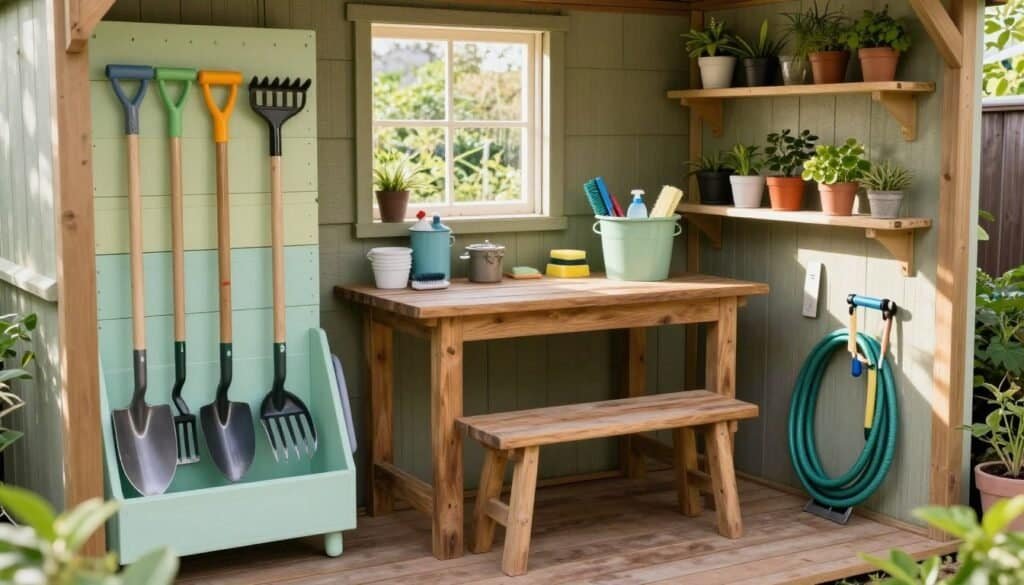 A cozy garden shed with organized storage ideas, showcasing a DIY tool cleaning station for backyard maintenance. In the foreground, neatly arranged gardening tools like spades, rakes, and hoses hang on pegboards painted in soft pastel colors. In the middle, a rustic wooden table is set up with various cleaning supplies, like brushes and buckets, beneath bright natural light filtering through a small window. The background features shelves lined with potted plants and additional tools, all set in an airy, well-lit space. Capture the scene from a slightly elevated angle to emphasize depth and clarity, with soft sunlight creating a warm, inviting atmosphere that reflects a peaceful gardening retreat.