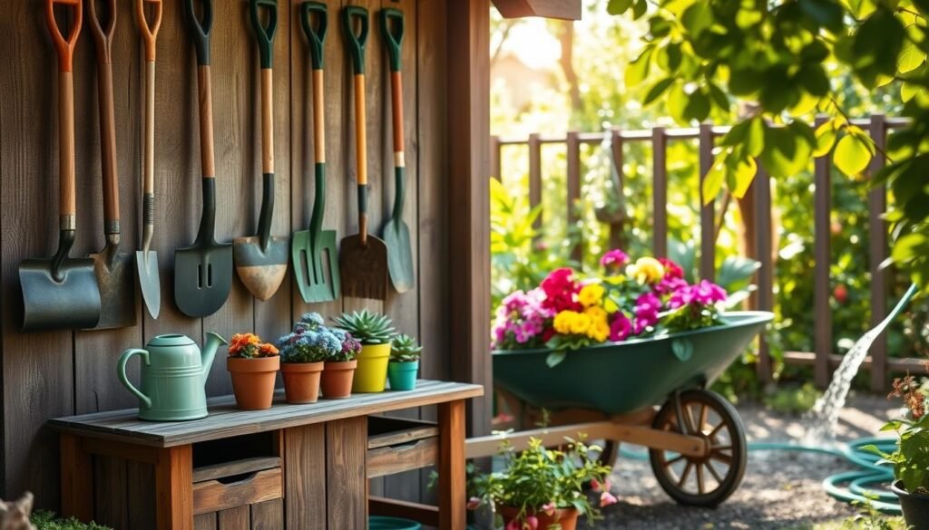 A cozy garden tools storage area, featuring a rustic wooden shed adorned with neatly arranged gardening tools: shovels, rakes, and trowels hanging on a weathered wall. In the foreground, a charming storage bench is topped with colorful flower pots and a watering can. The middle ground showcases a wheelbarrow filled with vibrant flowers, adding a pop of color. In the background, lush greenery and a gently flowing garden hose hint at a tranquil outdoor setting. Soft natural sunlight filters through the leaves, casting gentle shadows and creating an inviting atmosphere. The image captures a peaceful, organized corner of a garden, emphasizing creativity and functionality in tool storage.