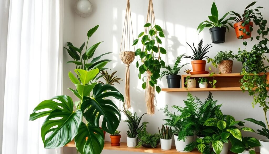 A cozy indoor plant corner showcasing a harmonious arrangement of various houseplants. In the foreground, a medium-sized, leafy monstera sits on a handcrafted wooden shelf, while smaller pots of succulents and ferns fill the spaces between. The middle features a tall snake plant and a cascading pothos in a stylish macramé hanger, creating a vertical display. In the background, soft natural light filters through sheer curtains, casting gentle shadows and enhancing the vibrant greens. The scene captures an airy, well-lit ambiance, evoking a sense of tranquility and creativity in small living spaces. The angle is slightly elevated, allowing a clear view of the balanced composition of plants and shelves.